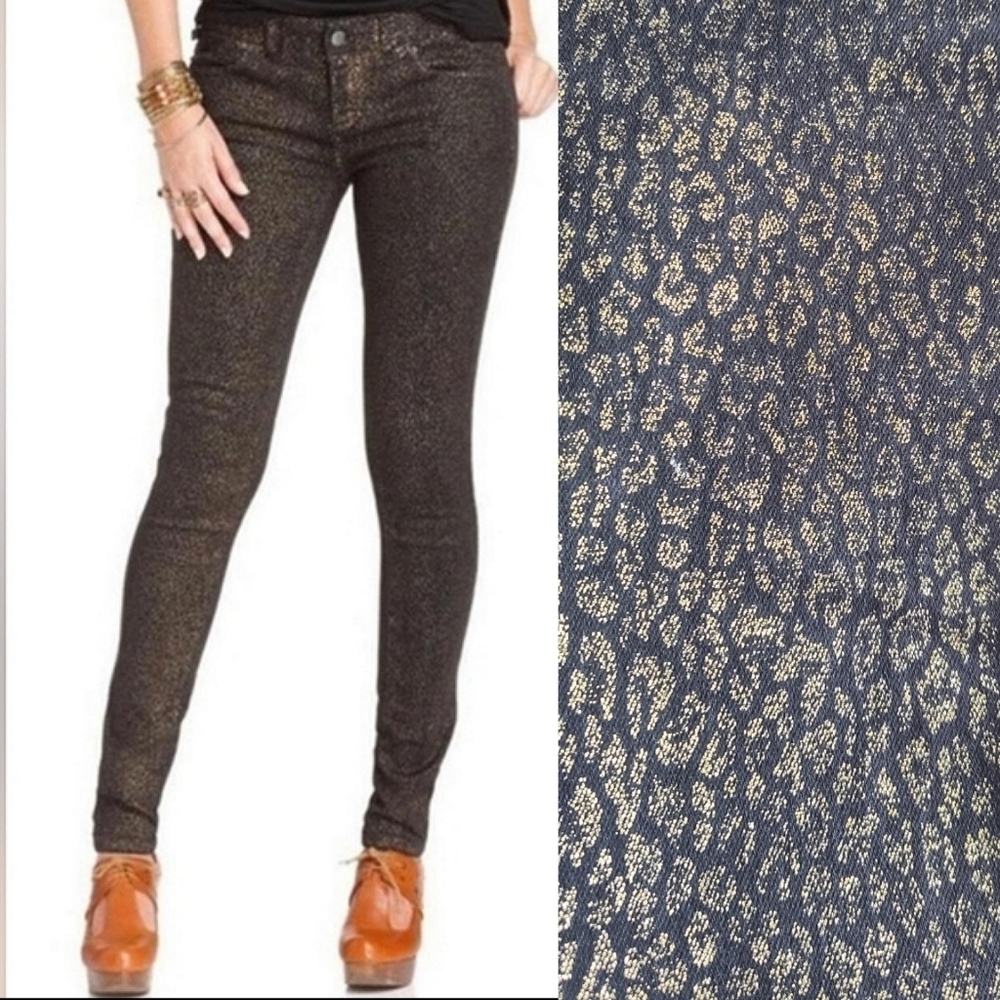 Free People Black and Gold Leopard Cheetah Skinny Jeans